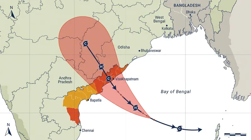 Projected trajectory and alert zones for Cyclone Arnab.