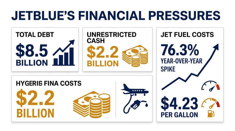 JetBlue's second-quarter balance sheet highlights the growing disparity between its debt burden and cash reserves.