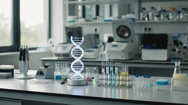 A scientist in a white lab coat examines a digital DNA helix display in a modern laboratory.