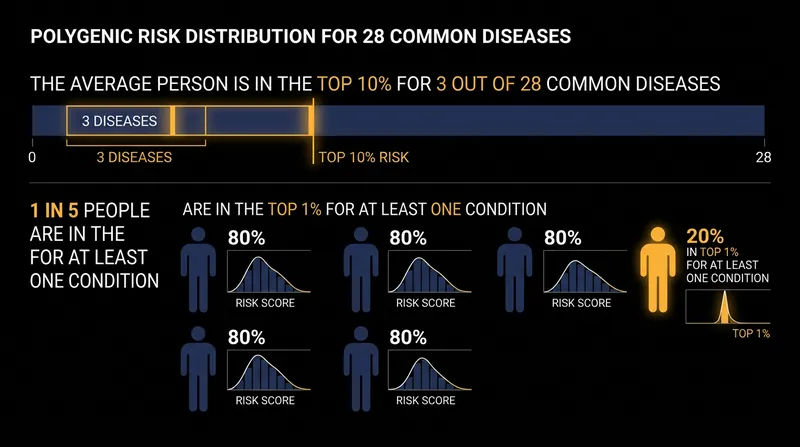 Polygenic risk scores reveal that elevated genetic susceptibility to common diseases is a standard feature of human biology.