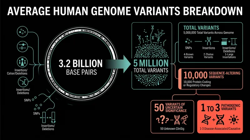 The average human genome contains millions of variants, including a small number of potentially pathogenic mutations.