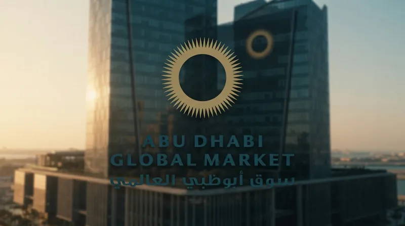 Modern glass skyscrapers in the Abu Dhabi Global Market financial district reflecting the sunset.