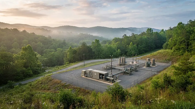 An aerial view of a large industrial natural gas processing facility with steel pipes and towers at dawn.