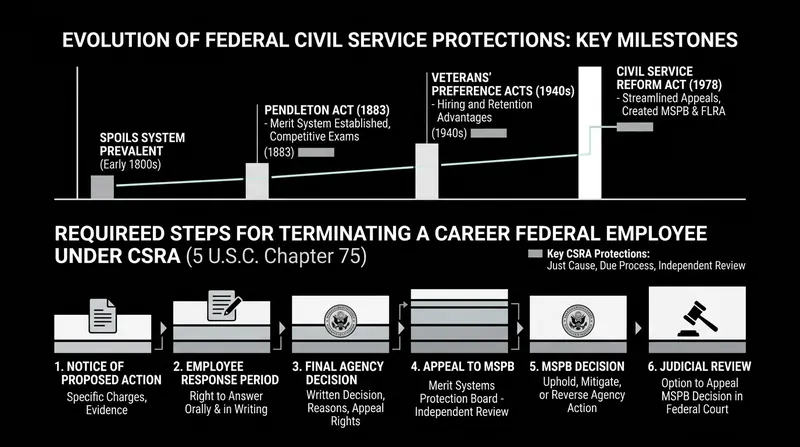 Federal law requires documented cause and a formal review process before terminating a non-political federal employee.