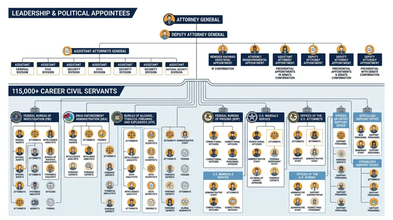 The vast majority of the Justice Department's workforce consists of career civil servants protected from political dismissal.