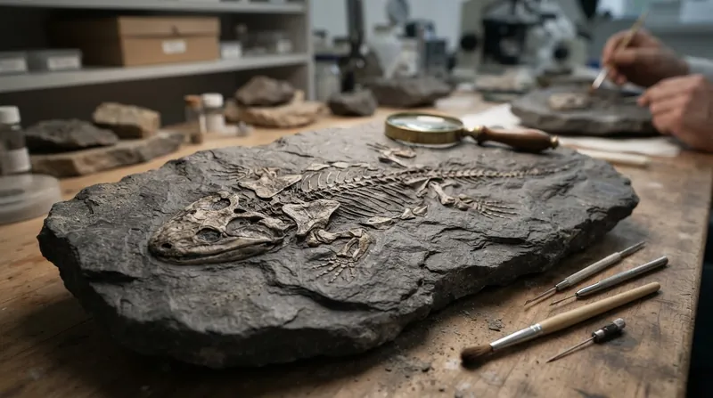 A detailed, flattened fossilized skeleton of an ancient armored amphibian embedded in a gray rock slab.