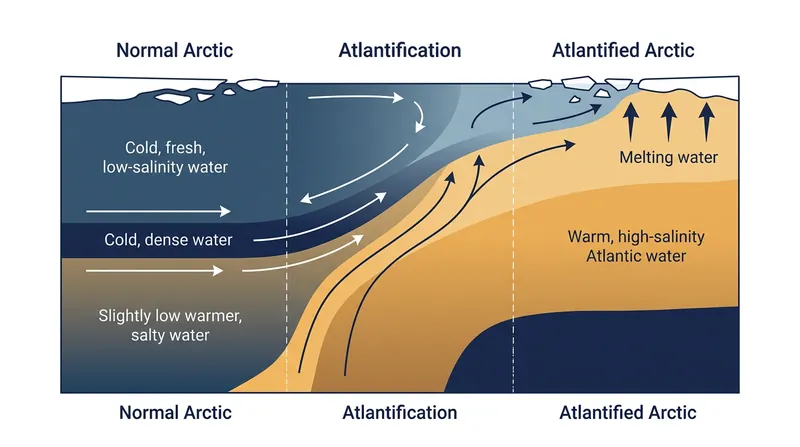 Atlantification occurs when warm Atlantic water penetrates the Arctic basin, eroding the protective cold surface layer and melting the ice from below.