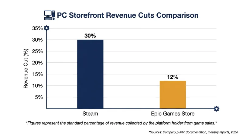 The Epic Games Store takes a significantly smaller revenue cut than Steam, though Valve maintains market dominance.