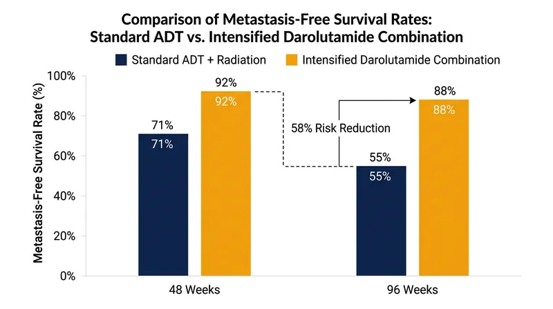 Patients receiving darolutamide experienced a 58 percent reduction in the risk of metastasis or death.