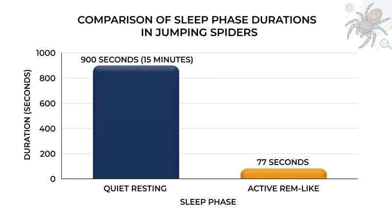 Jumping spiders cycle through a 15-to-20 minute quiet resting phase interrupted by a 77-second active REM-like phase.