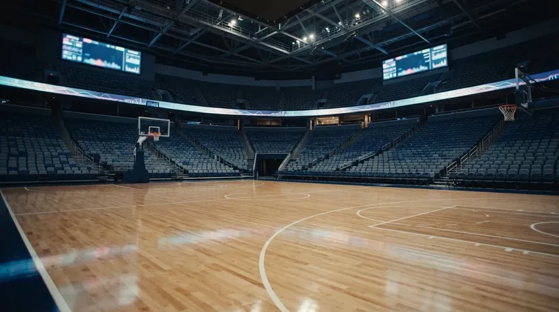A smartphone displaying a financial trading interface held up against a brightly lit professional basketball arena.