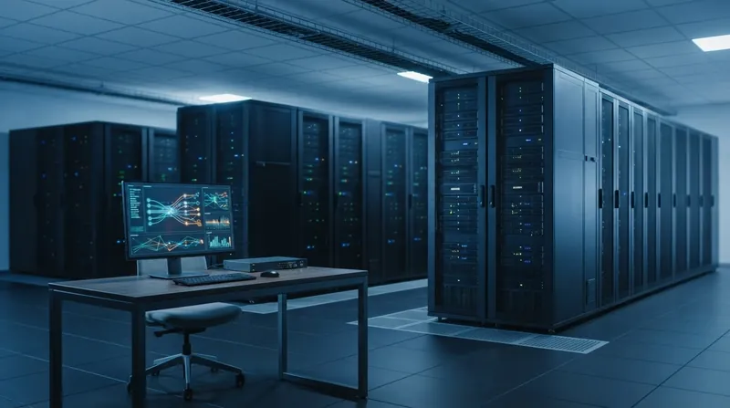 A glowing network port on a server rack illuminated by blue and white LED lights.