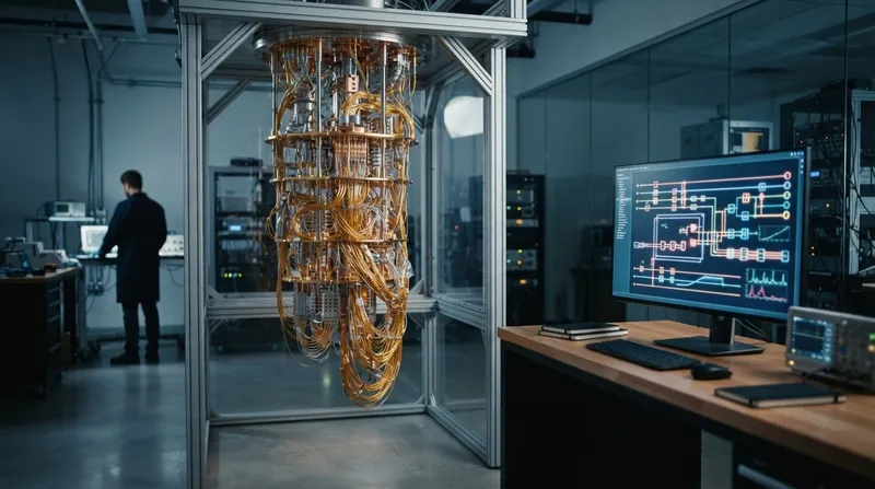 A complex gold and copper quantum computing chandelier suspended inside a laboratory dilution refrigerator.
