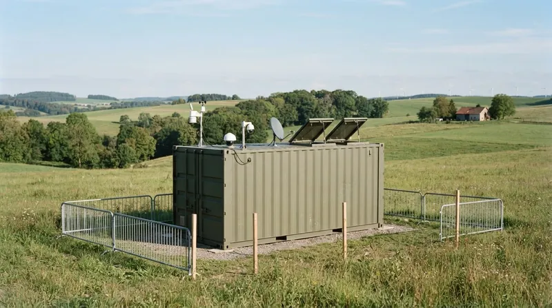 A dark grey containerized air defense missile launcher positioned in a field under a dusk sky.