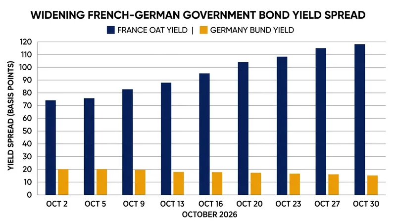 The debt sell-off has widened the spread between French and German bonds, raising concerns of Eurozone fragmentation.