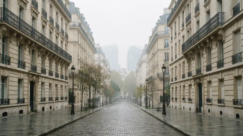 A tense street scene in Paris showing protesters gathered near a financial district building.
