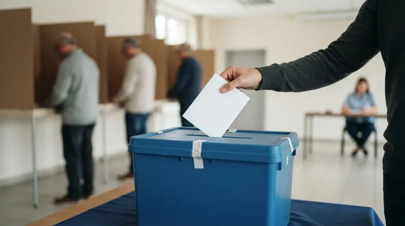 A voter places a ballot envelope into a blue Knesset ballot box at a polling station.