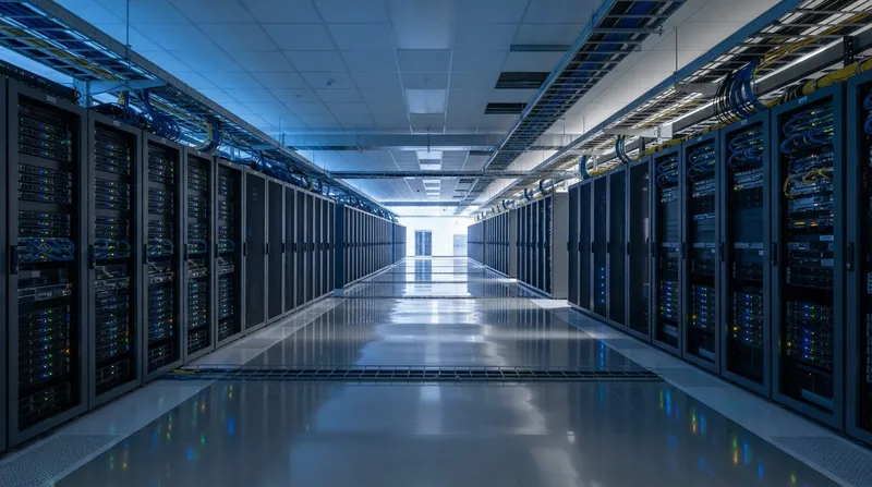 Exterior view of a modern corporate data center facility with cooling infrastructure.