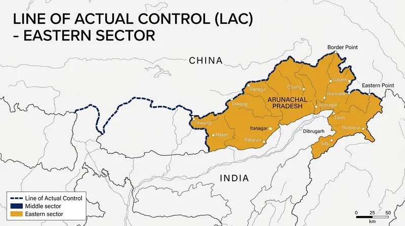 The Line of Actual Control spans 3,488 kilometers, with Arunachal Pradesh forming the highly contested eastern sector.