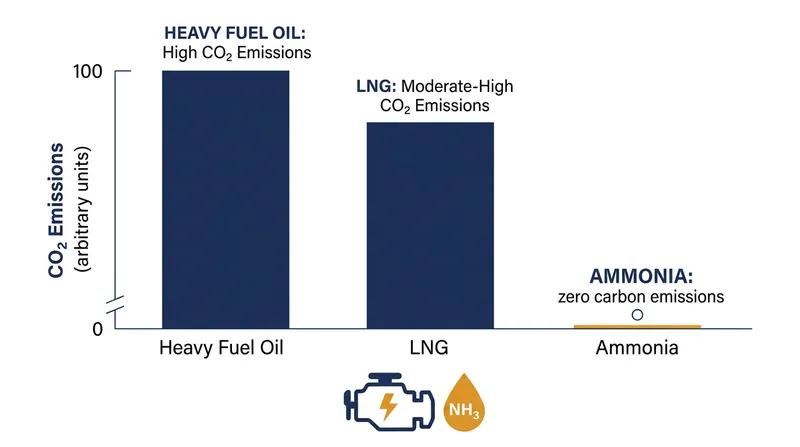 Unlike heavy fuel oil and LNG, ammonia releases no carbon dioxide when burned in a marine engine.
