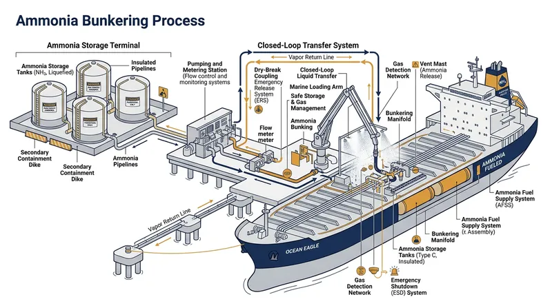 Ammonia bunkering requires specialized closed-loop systems to prevent toxic exposure during fuel transfer.