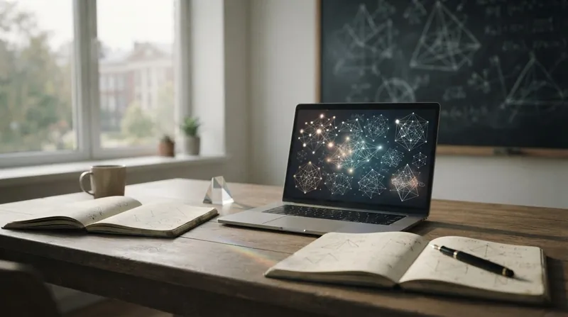 A glowing computer monitor displays dense mathematical proofs and code in a dark research laboratory.