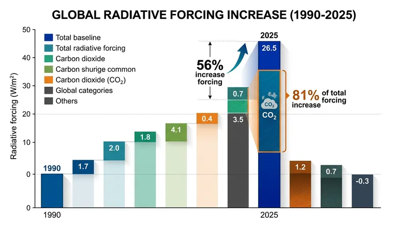 Radiative forcing by long-lived greenhouse gases has increased by 56 percent since 1990.