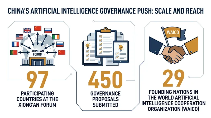 The diplomatic footprint of Beijing's artificial intelligence governance initiatives.