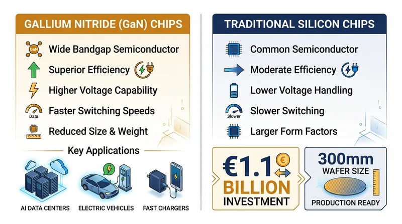 Gallium nitride chips offer higher efficiency and faster switching speeds than traditional silicon, making them ideal for high-power applications.