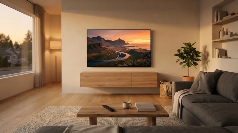 A large flat-screen television in a dimly lit living room displaying a horizontal video interface.