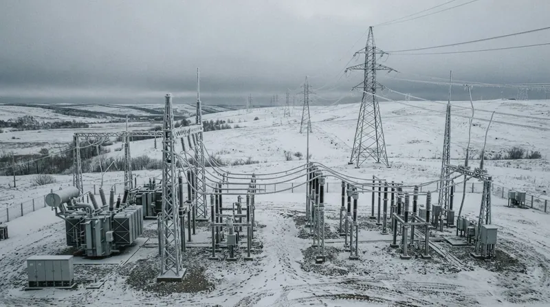 Utility workers in high-visibility jackets inspect a snow-covered, heavily damaged electrical substation under an overcast sky.