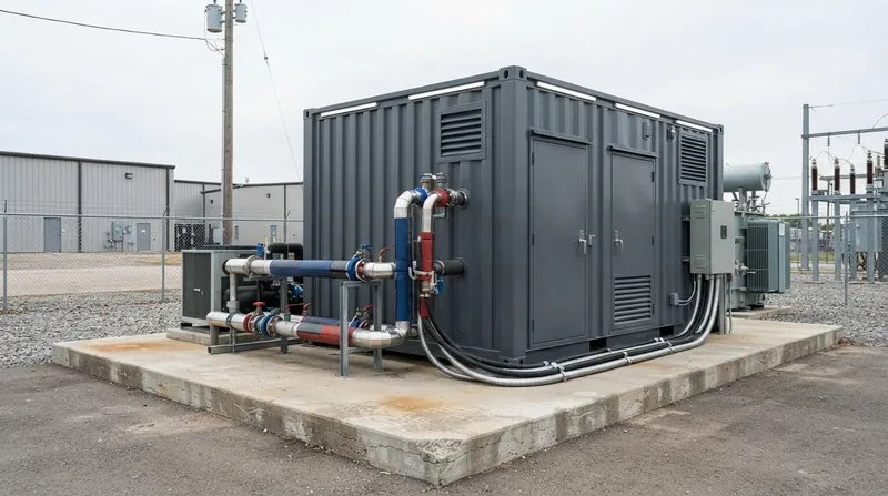 A large industrial shipping container with a cutaway section revealing rows of illuminated, liquid-cooled server racks.