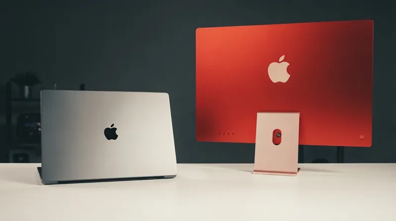 A silver 14-inch MacBook Pro and a colorful 24-inch iMac sitting on a wooden desk.