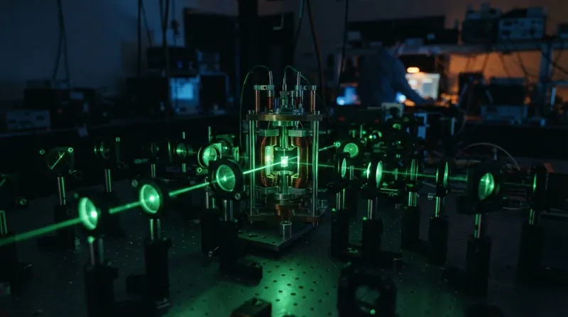 Illustration: An optical interferometer tracked the diamond's picometer-scale movements, confirming the physical displacement driven by quantum spin.