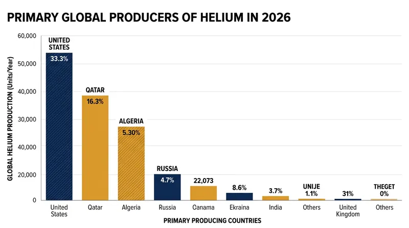 Global helium production remains highly concentrated among a few key nations, increasing supply chain vulnerability.