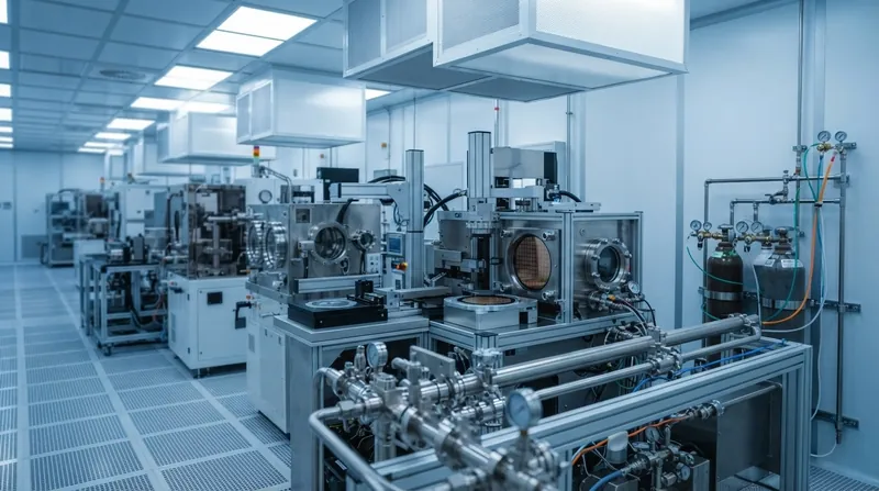 Workers in white protective cleanroom suits inspecting silicon wafers inside a modern semiconductor manufacturing facility.