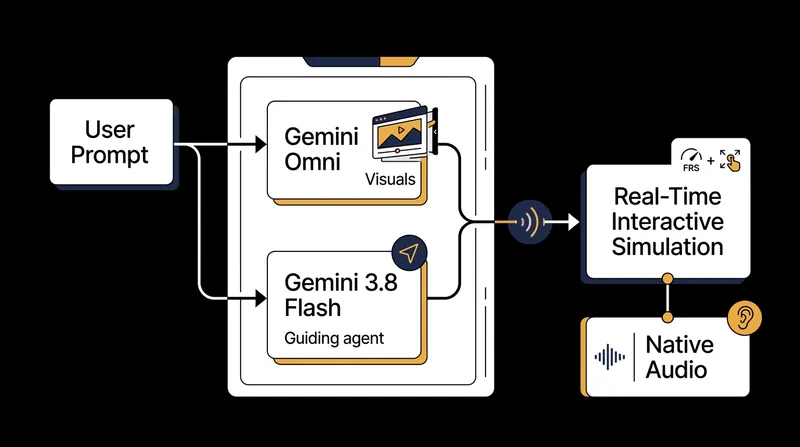Genie 4 relies on Gemini Omni for visual rendering and Gemini 3.8 Flash to maintain scene coherence.