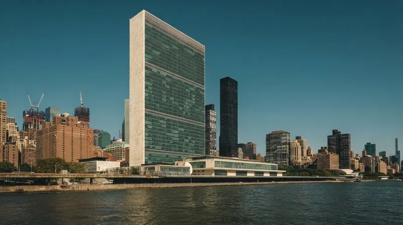 Flags of member states flying outside the United Nations headquarters building in New York City.