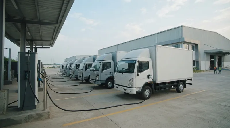 A modern electric delivery truck parked at a commercial loading bay in India.