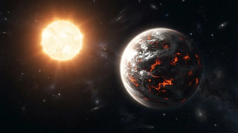 Artist's concept of the glowing lava exoplanet TOI-561 b partially covered by thick white clouds against the blackness of space.