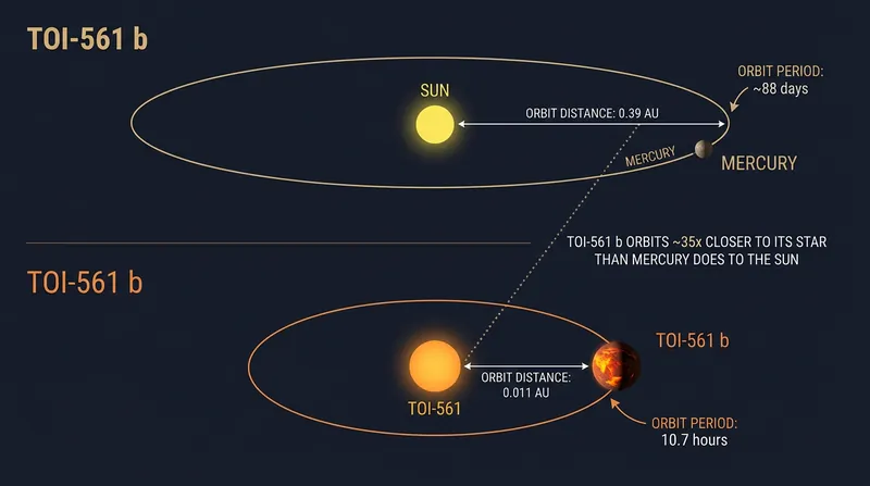TOI-561 b completes a full orbit in just 10.7 hours, sitting 35 times closer to its star than Mercury does to the Sun.