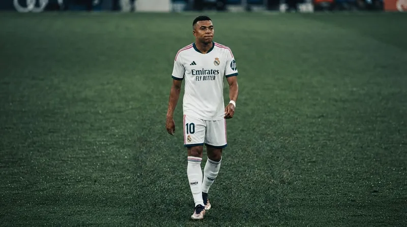 Kylian Mbappé looking serious and contemplative while seated at a press conference table.