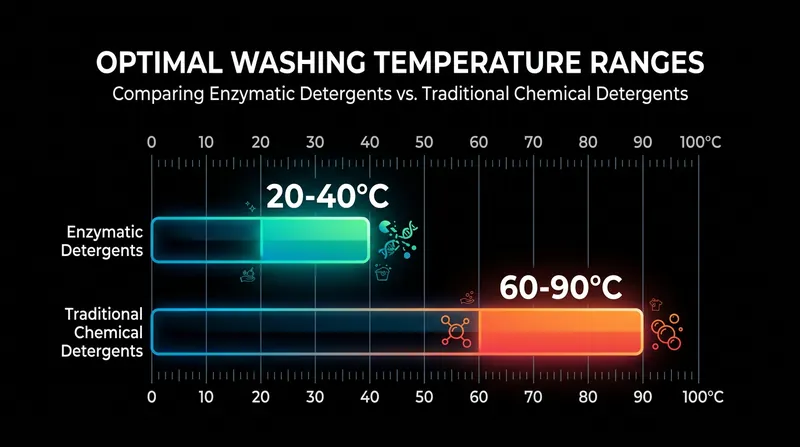 Modern cold-adapted enzymes achieve peak cleaning performance at significantly lower temperatures than traditional chemistry.