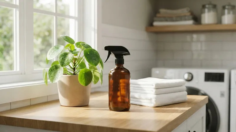A person spraying a clear enzymatic cleaning solution onto a carpet stain in a living room.