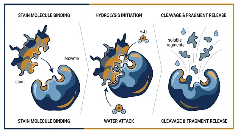 Hydrolysis allows a single enzyme to cleave large, insoluble stain molecules into water-soluble fragments.