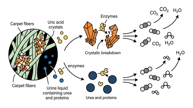 Enzymes like urease and protease permanently digest the uric acid crystals that traditional cleaners leave behind.