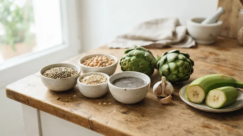 A rustic wooden table featuring a diverse spread of high-fiber foods including raw oats, chia seeds, lentils, and vibrant artichokes.