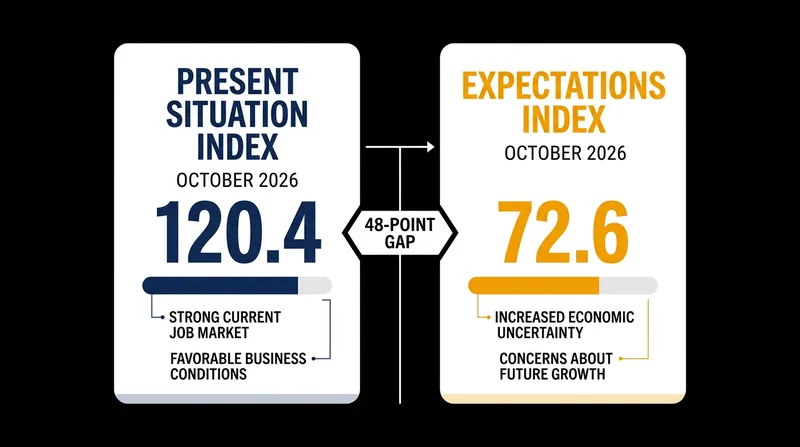 A massive 48-point gap separates how consumers view the present economy versus their expectations for the future.