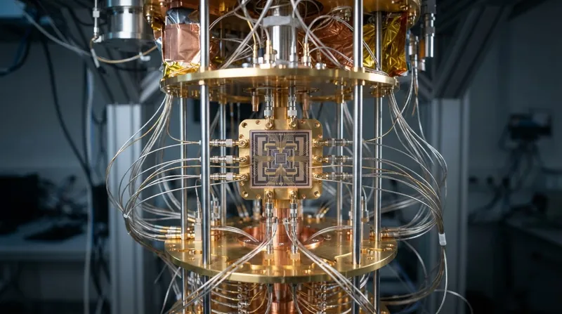 Macro photography of a superconducting quantum computer processor chip inside a cryogenic dilution refrigerator.