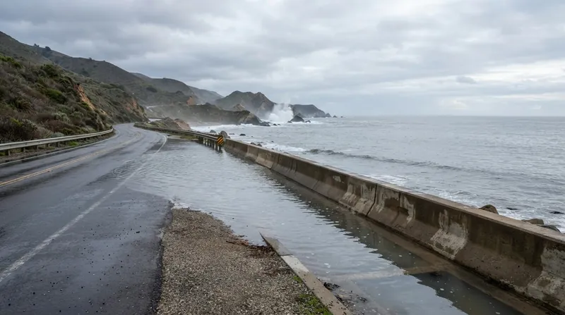 Ocean waves crash over a concrete seawall, flooding a coastal highway as cars drive through water.